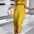Women's V-neck satin bodycon gown by SHOWLU FASHION, elegant party dress with a fitted silhouette and smooth satin fabric.
