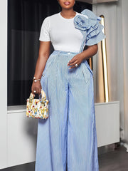 Women's Casual Wear Round Neck Short Sleeve Striped Contrast Top Wide Leg Pants Two Piece Suit Women's Suit