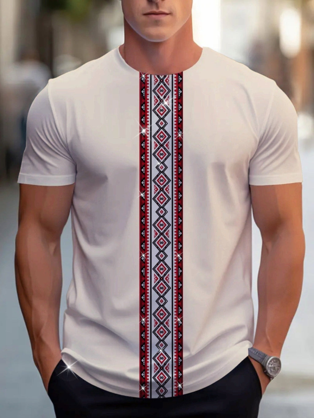 Men's SHOWLU geometric embroidery crew neck T-shirt made of polyester, featuring modern design and vibrant pattern.