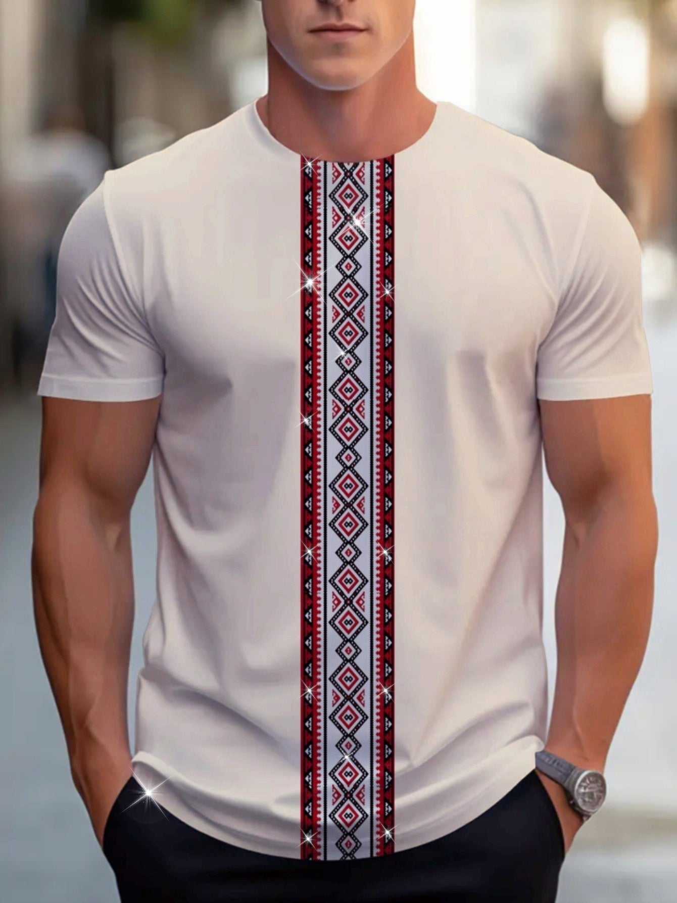 Men's SHOWLU geometric embroidery crew neck T-shirt made of polyester, featuring modern design and vibrant pattern.