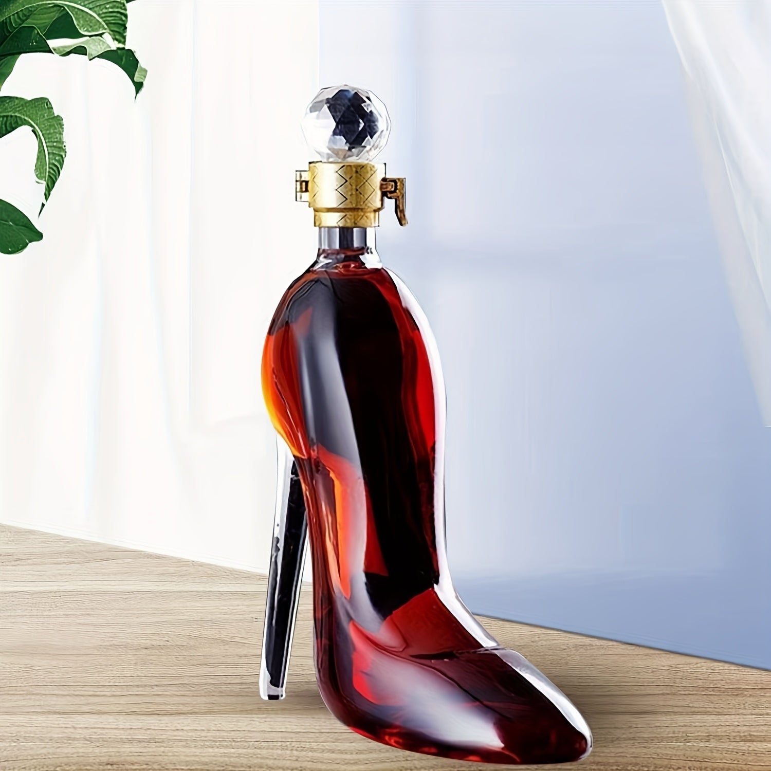 Elegant SHOWLU high heel glass wine dispenser and hanger in clear glass, 45oz capacity, with decorative high heel design.