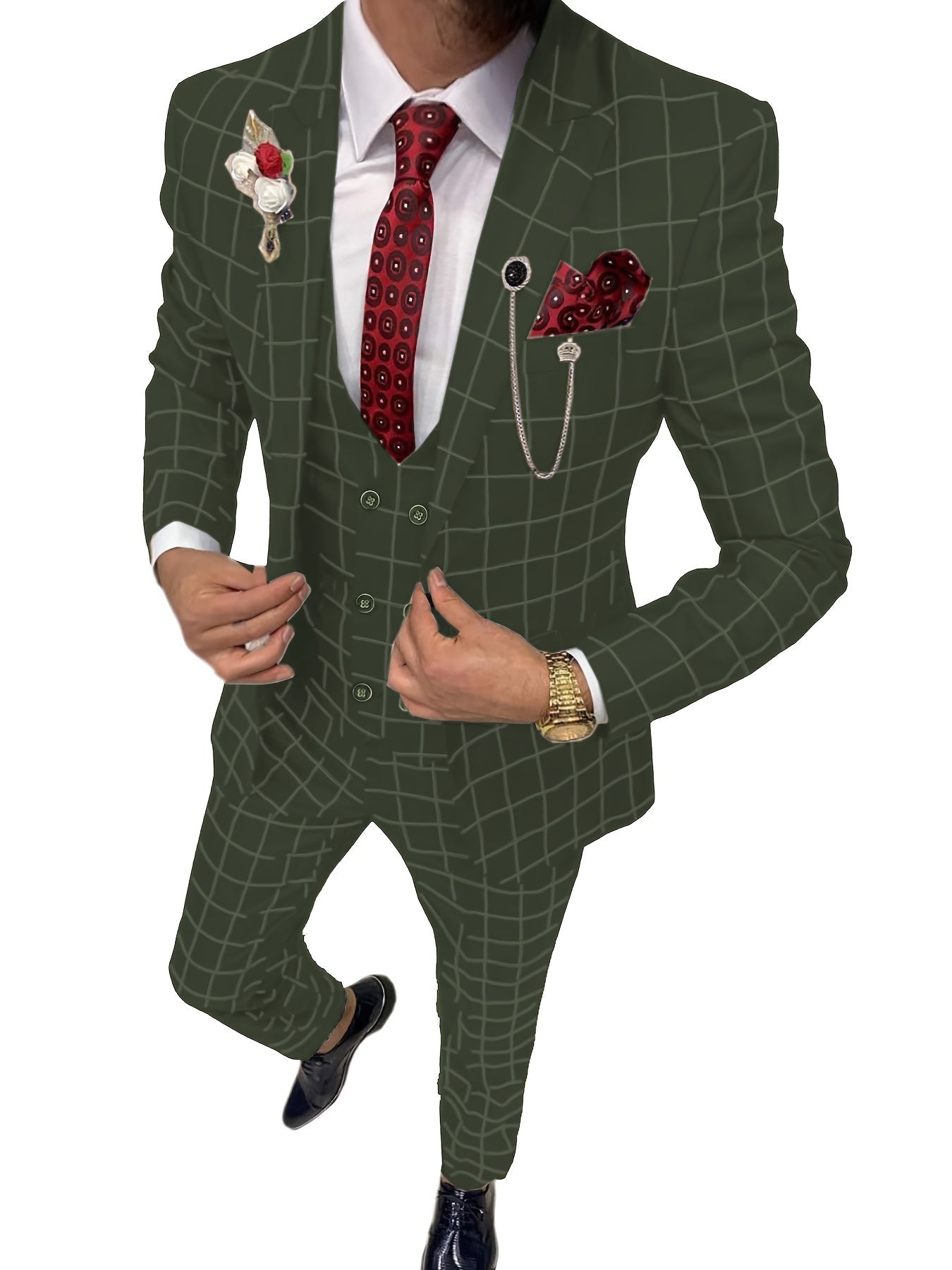 SHOWLU FASHION men's 3-piece slim fit plaid suit with peak lapel tuxedo, featuring jacket, vest, and trousers on a hanger.