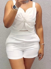 2pcs Outfit 3D Flower Thick Strap Crop Tank And Casual Pocket Design Shorts Set