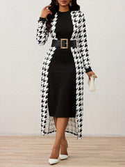 Elegant Women'S Houndstooth Long Sleeve Maxi Dress - Black & White, Knee-Length with Flowing Cape, Perfect for Spring, Formal or Casual Occasions, Formal Attire|Flowing Cape Design|Polyester Fabri