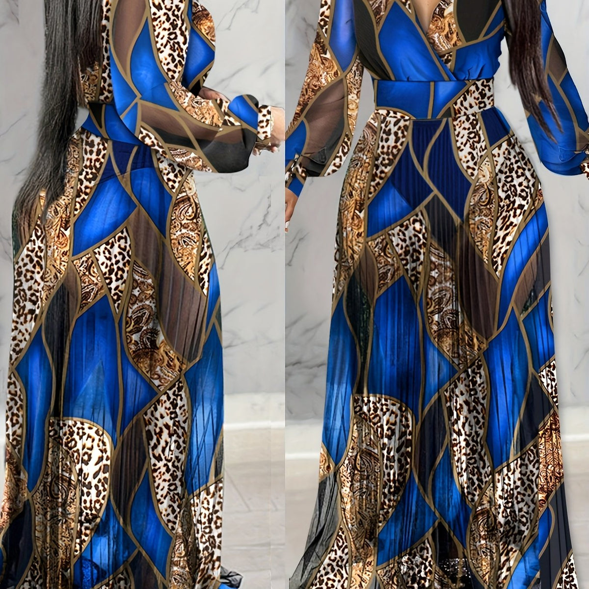 Leopard Print Lantern Sleeve Sheer V-Neck Sheer Mesh Maxi Dress Elegant Evening Dress SHOWLU FASHION STORE