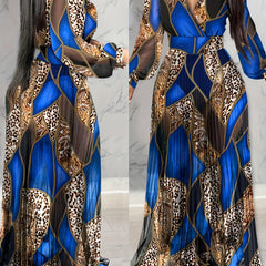 Leopard Print Lantern Sleeve Sheer V-Neck Sheer Mesh Maxi Dress Elegant Evening Dress SHOWLU FASHION STORE
