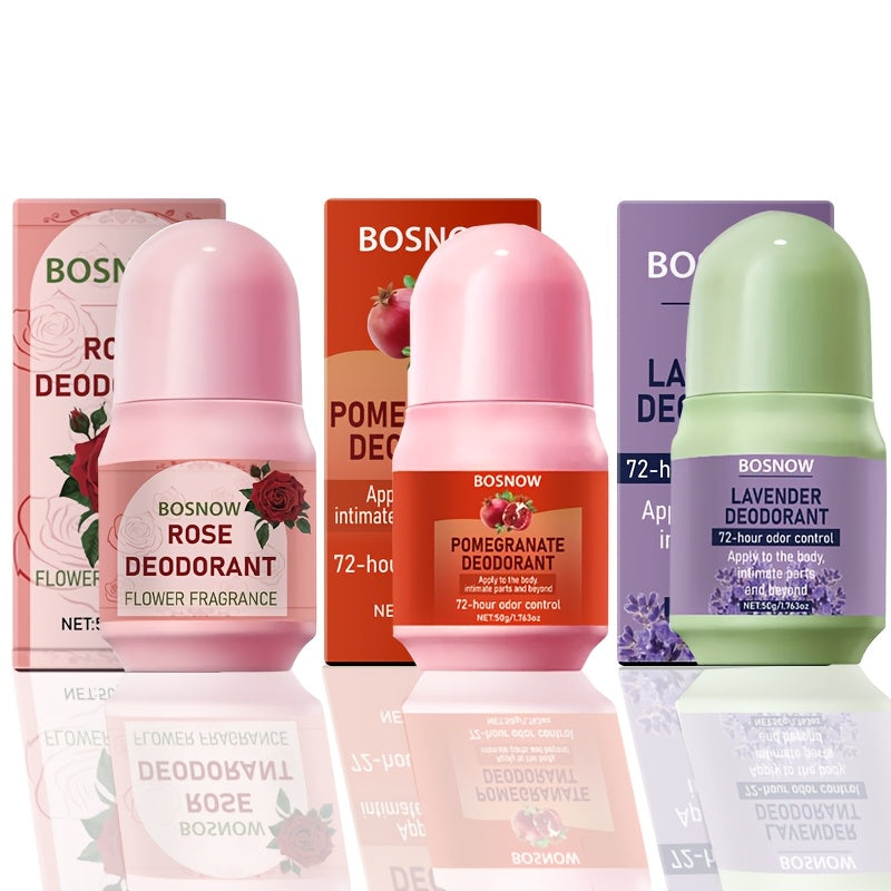 SHOWLU Natural Deodorant Set with rose, pomegranate, and lavender scents, featuring three sleek deodorant sticks.