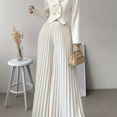 [Elegant Women's Suit] 2-piece Elegant Double-breasted Women's Suit Top and Pleated Pants Set, Fashionable Commuting Style