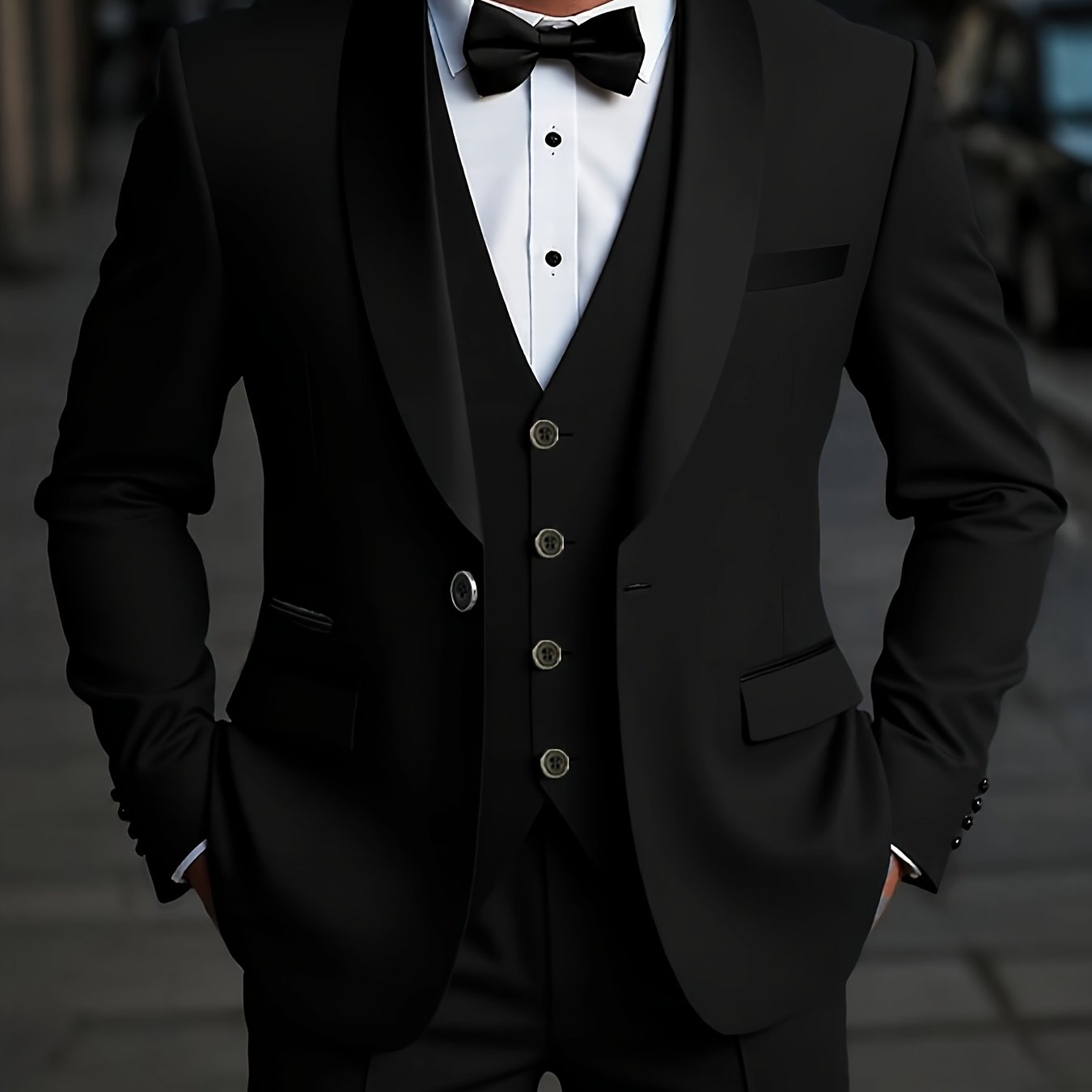 Men's 3-piece suit by SHOWLU FASHION, featuring a shawl collar jacket, matching vest, and trousers, styled for formal occasions.