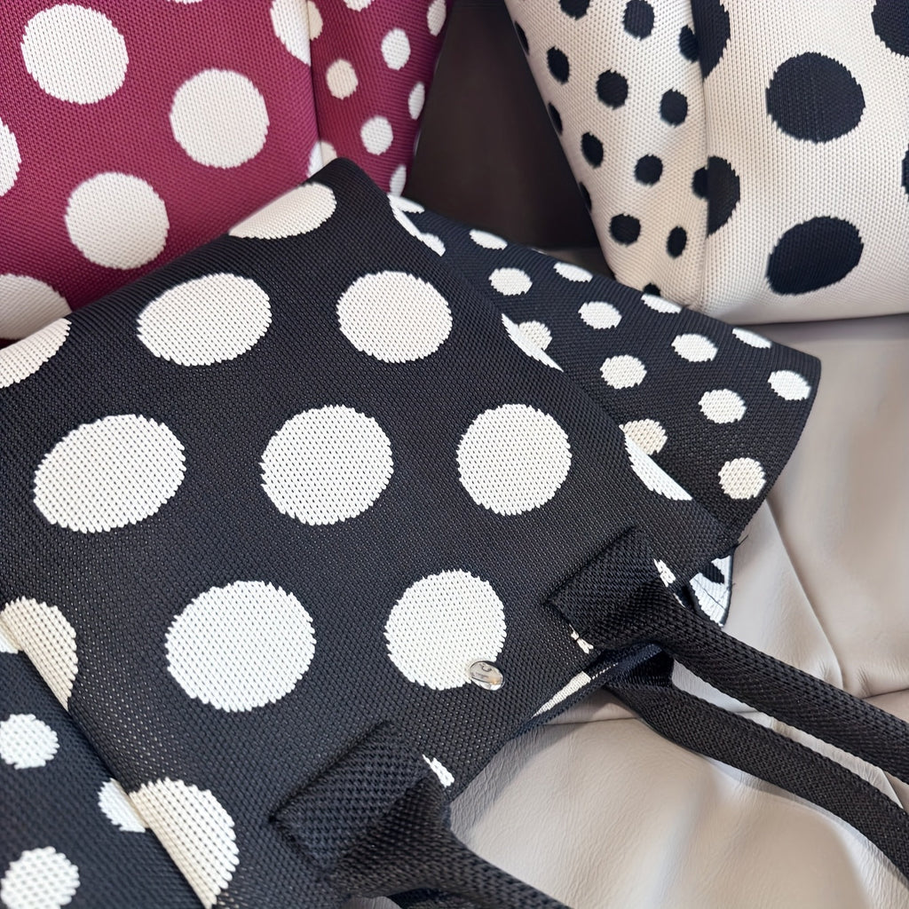 SHOWLU Burgundy polka dot knit tote bag with casual foldable design, versatile handbag for everyday use.