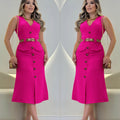 Pink SHOWLU FASHION women's V-neck sleeveless midi dress with belt, stylish and elegant for casual or formal occasions.