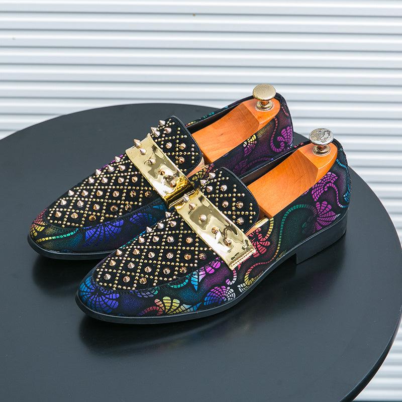 Men's black studded loafers by SHOWLU FASHION STORE, formal slip-on party shoes in PU leather with decorative metal studs.