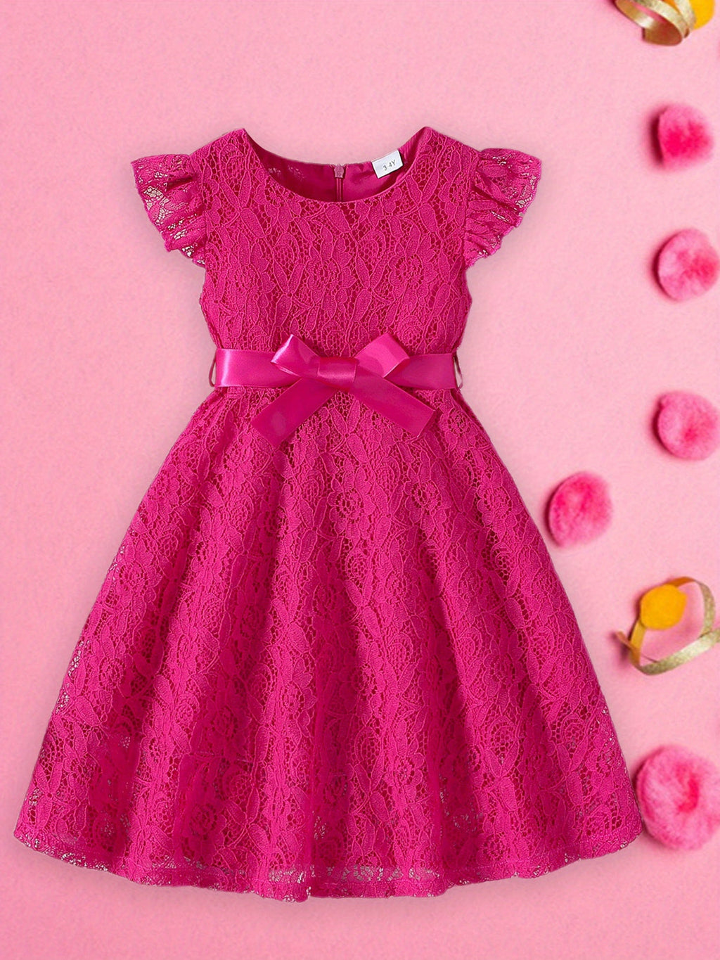 SHOWLU Girls lace fly sleeve summer dress with belt in solid color, woven fabric, perfect for warm weather and casual occasions.