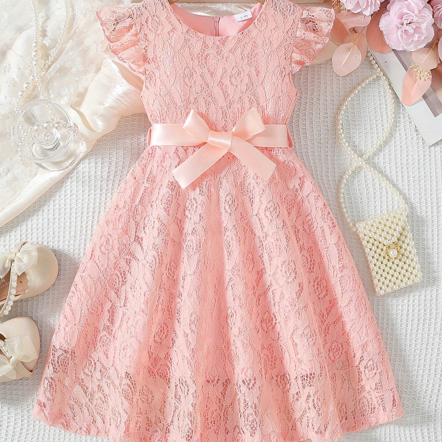 SHOWLU Girls lace fly sleeve summer dress with belt in solid color, woven fabric, perfect for warm weather and special occasions.