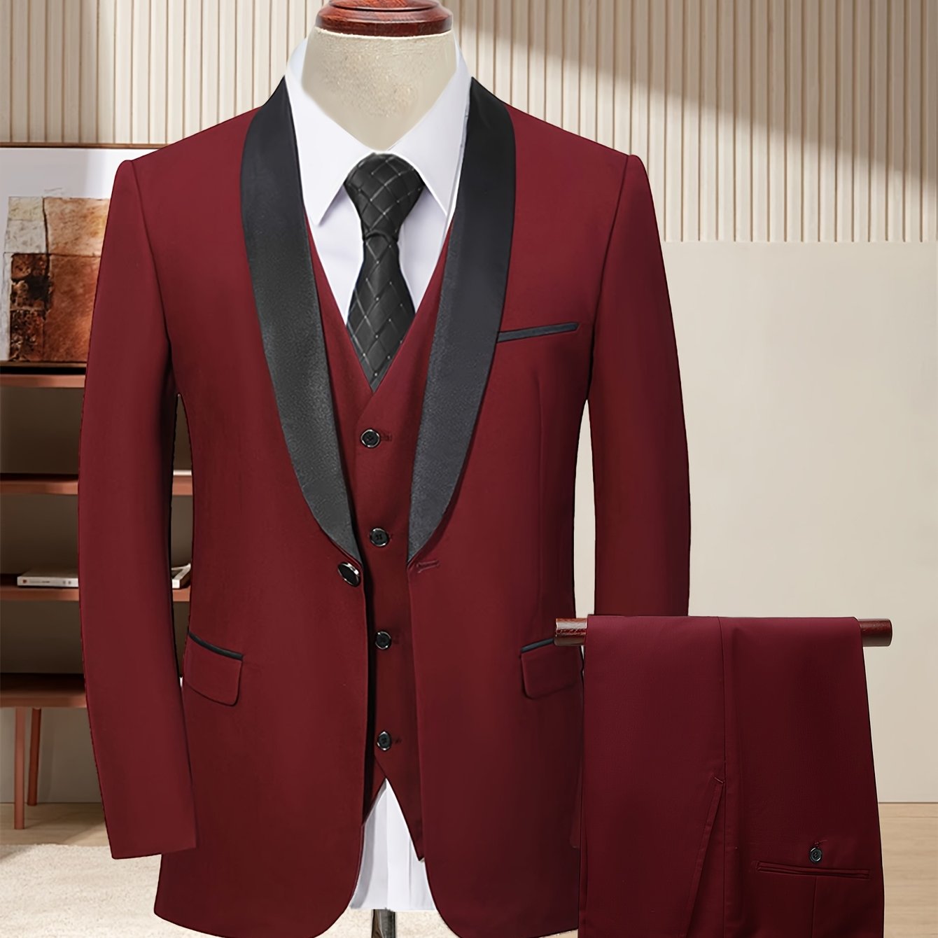 Men's slim fit wedding suit by SHOWLU FASHION STORE, 3-piece tuxedo set with shawl collar, includes jacket, vest, and trousers.