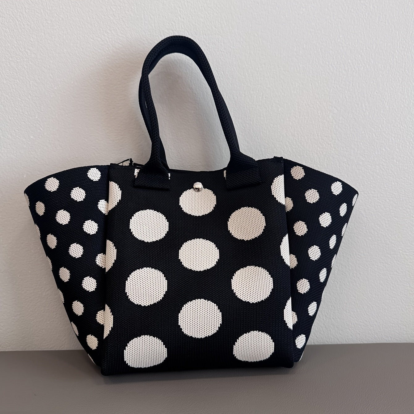 SHOWLU Burgundy polka dot knit tote bag with foldable design, casual handbag with sturdy handles and spacious interior.