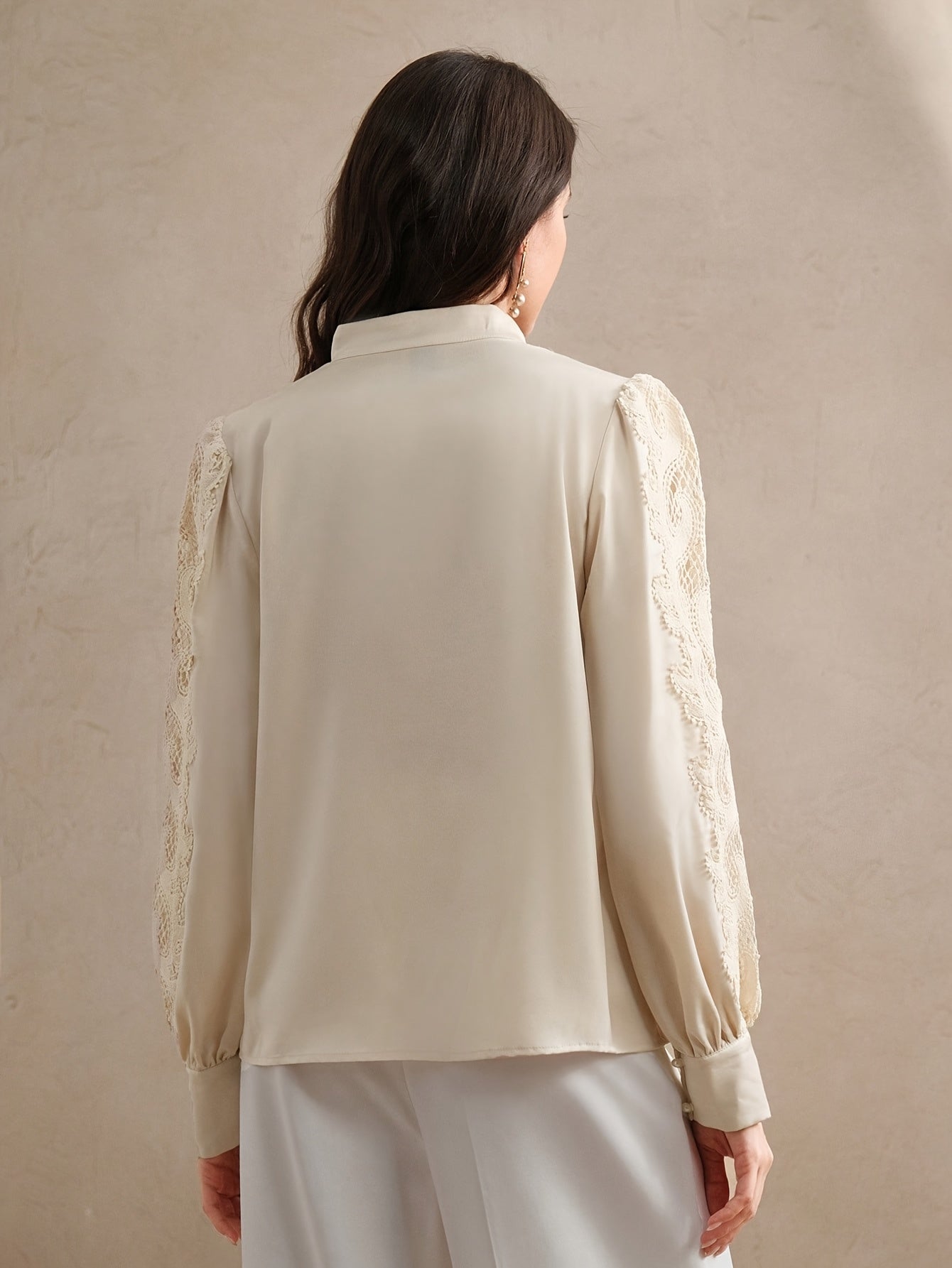 SHOWLU Women's semi-sheer lace-trimmed blouse with stand collar, stylish women's shirt for elegant and casual wear.