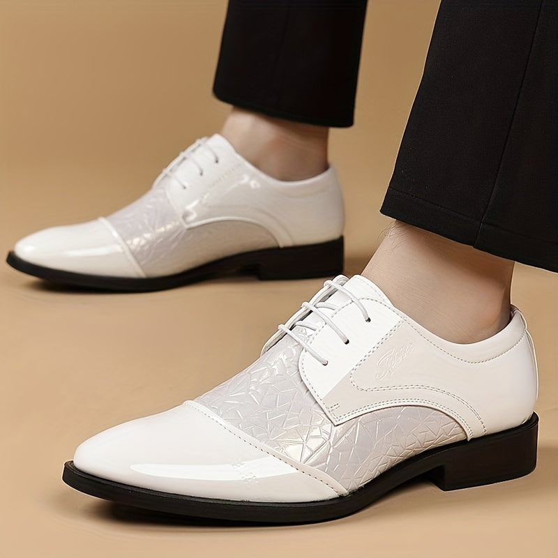 Men's glossy brown faux leather pointed toe dress shoes by Showlu Fashion Store, featuring a sleek, polished business shoe design.