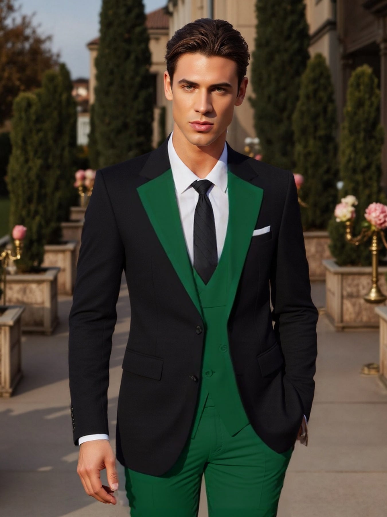SHOWLU Men's 3-piece slim fit wedding tuxedo with jacket, vest, and pants, tailored for formal occasions and elegant style.