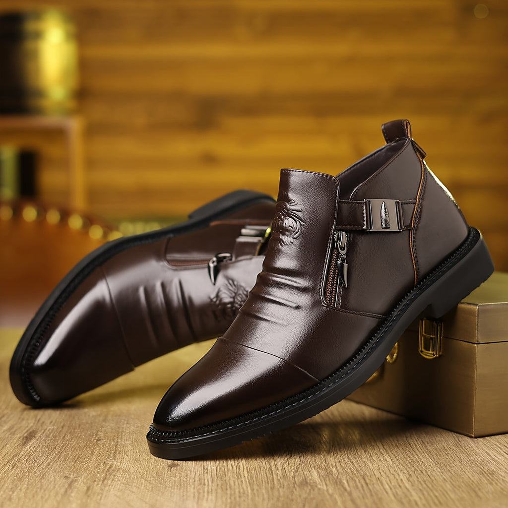SHOWLU Men's black embossed lion ankle boots made of glossy PU leather with detailed lion design and sleek ankle style.