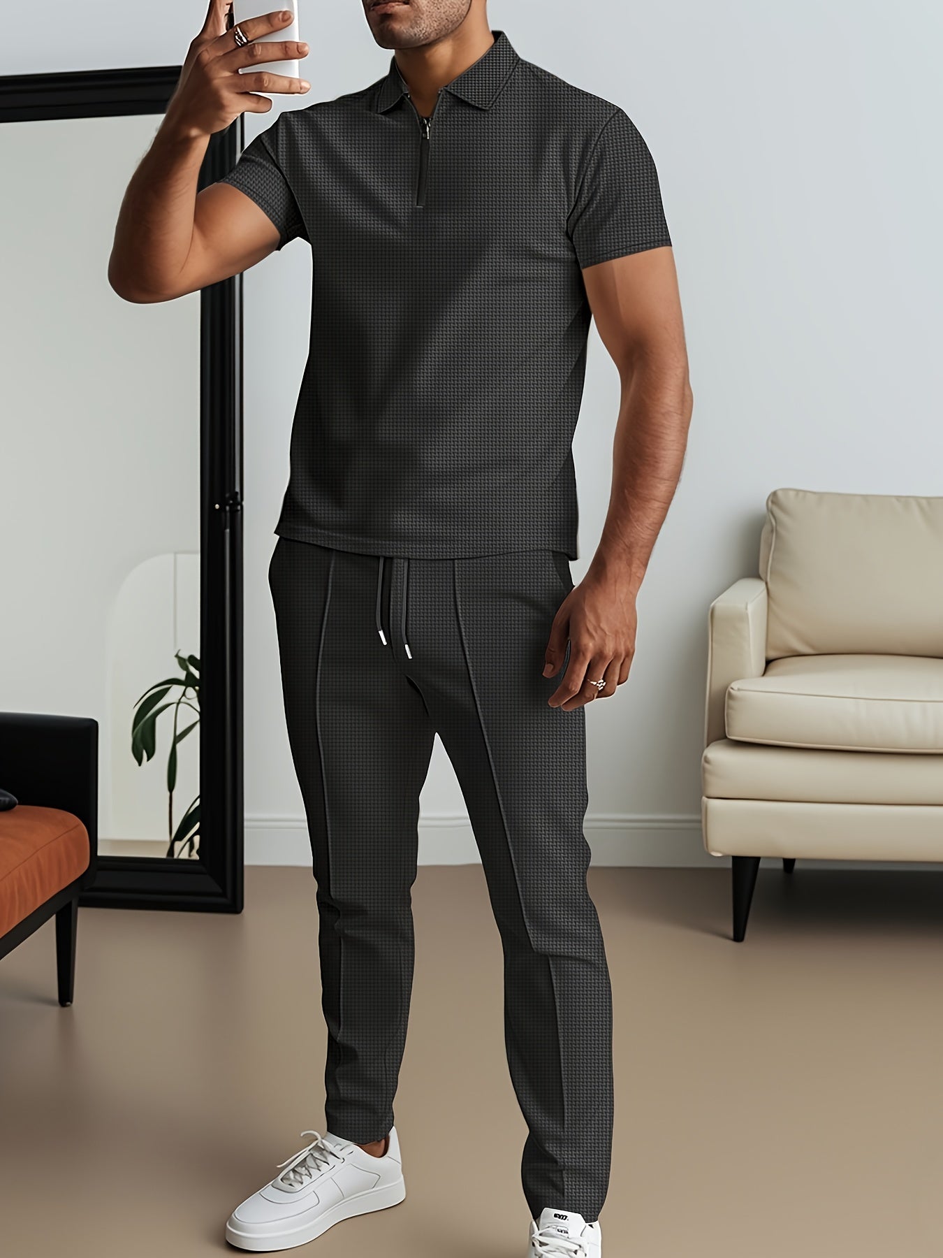 SHOWLU men's waffle texture short sleeve shirt and matching pants 2-piece set, casual and comfortable clothing ensemble.
