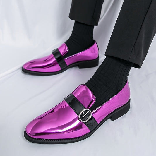 [Elegant Style] Men's Glossy Pointed-Toe Loafers - Fashionable Slip-On Dress Shoes with Metallic Buckle Detail, Versatile for Business or Casual Wear, Faux Upper, Rubber Sole