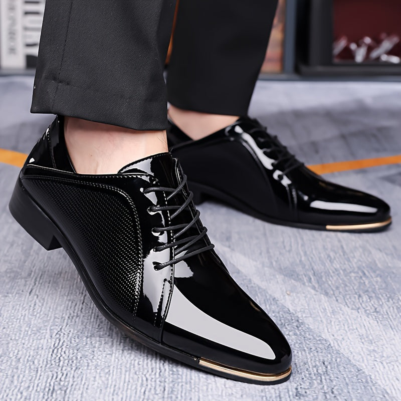 SHOWLU Men's pointed toe lace-up dress shoes in solid black PU leather, stylish Oxford design with sleek finish