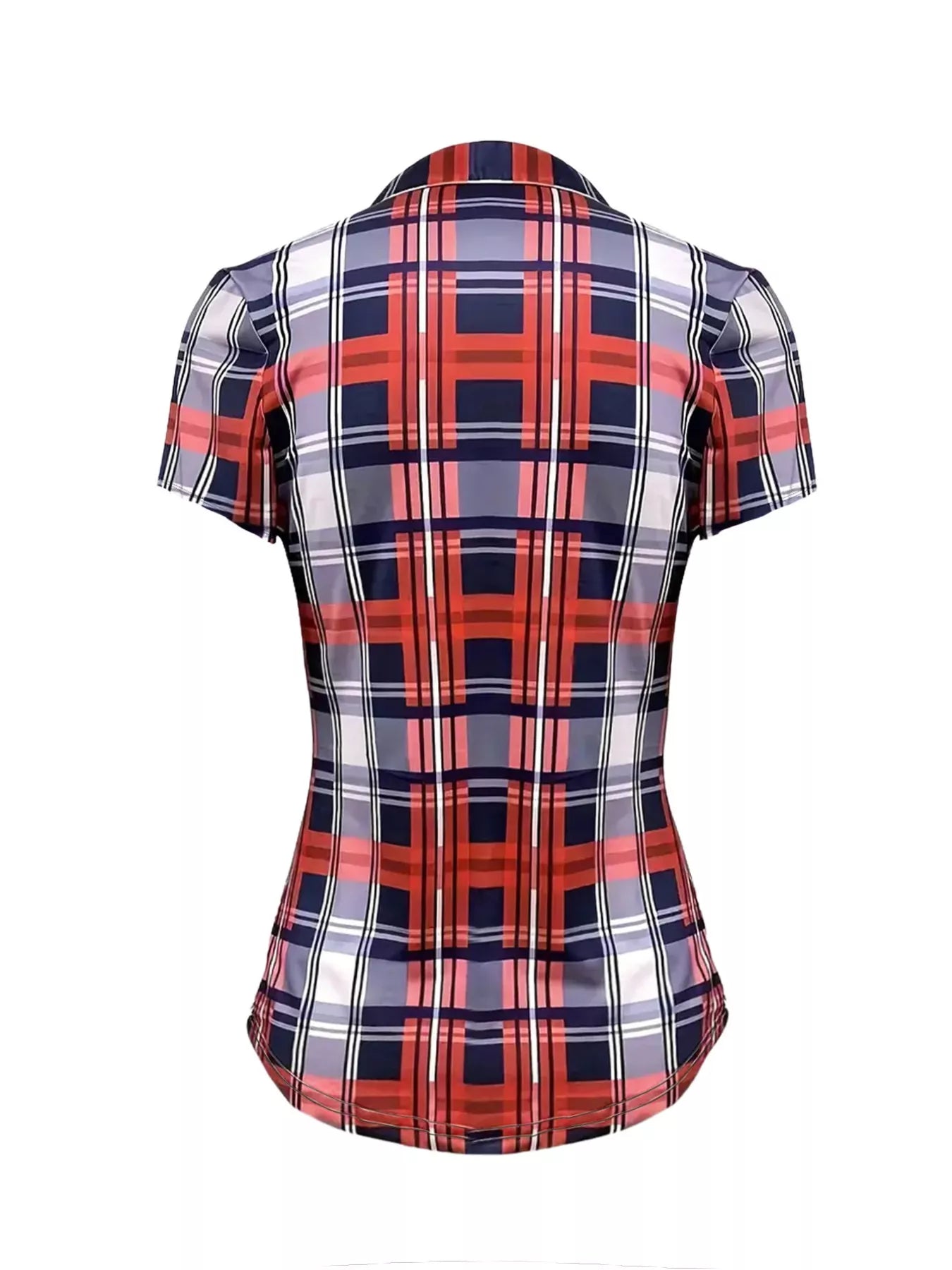 Plaid lace-up short sleeve blouse by Trendsi featuring a stylish design with lace-up front and classic plaid pattern.