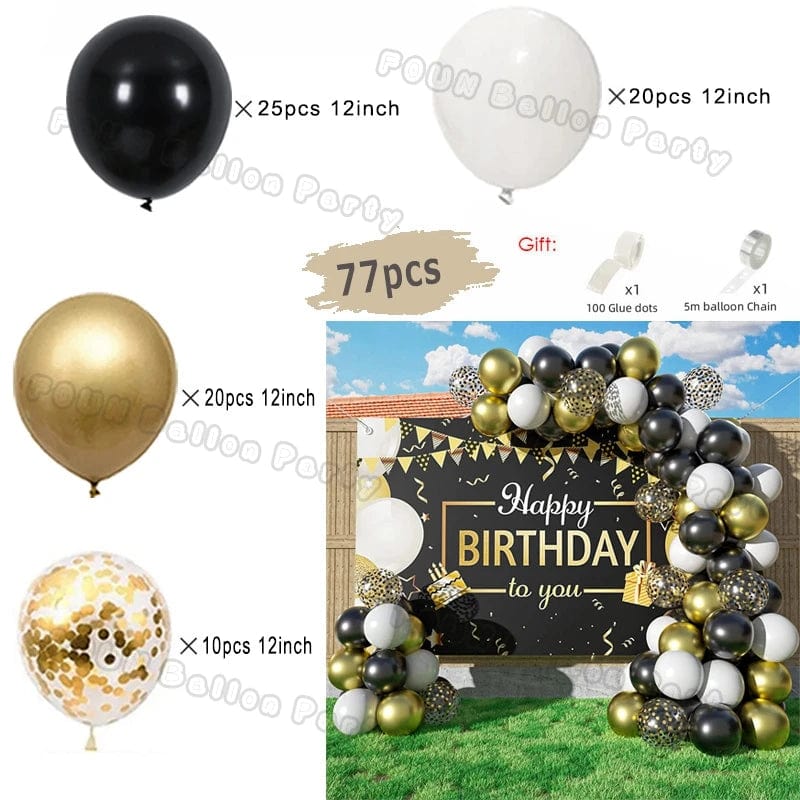 Black and gold balloon arch garland kit with chrome latex balloons from Showlu Fashion Store, ideal for weddings, birthdays, and celebrations.