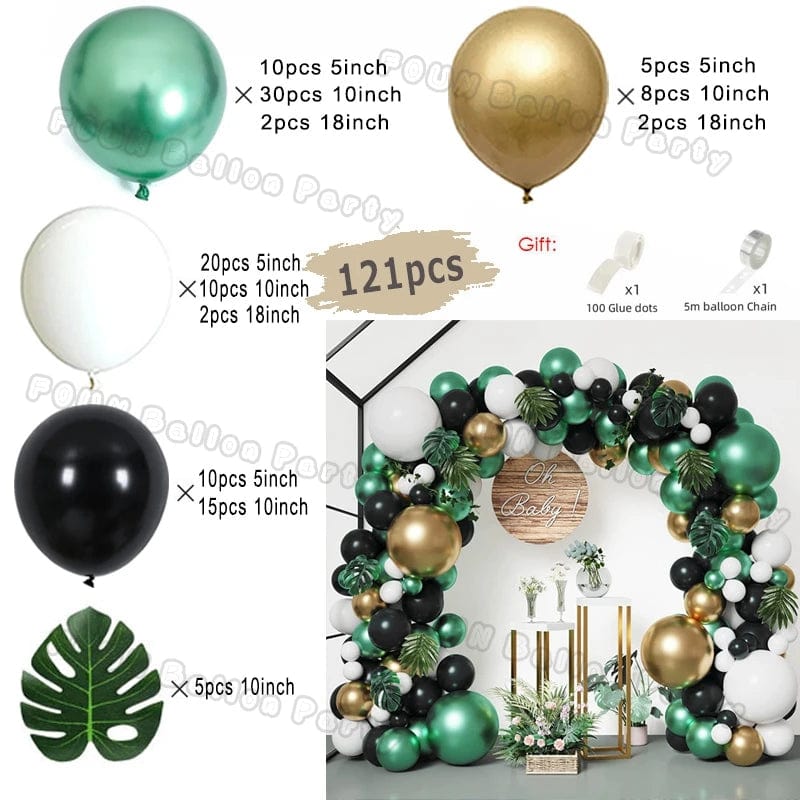 Showlu 97-piece black and gold balloon arch garland kit with chrome latex balloons, ideal for wedding, graduation, or birthday decor.