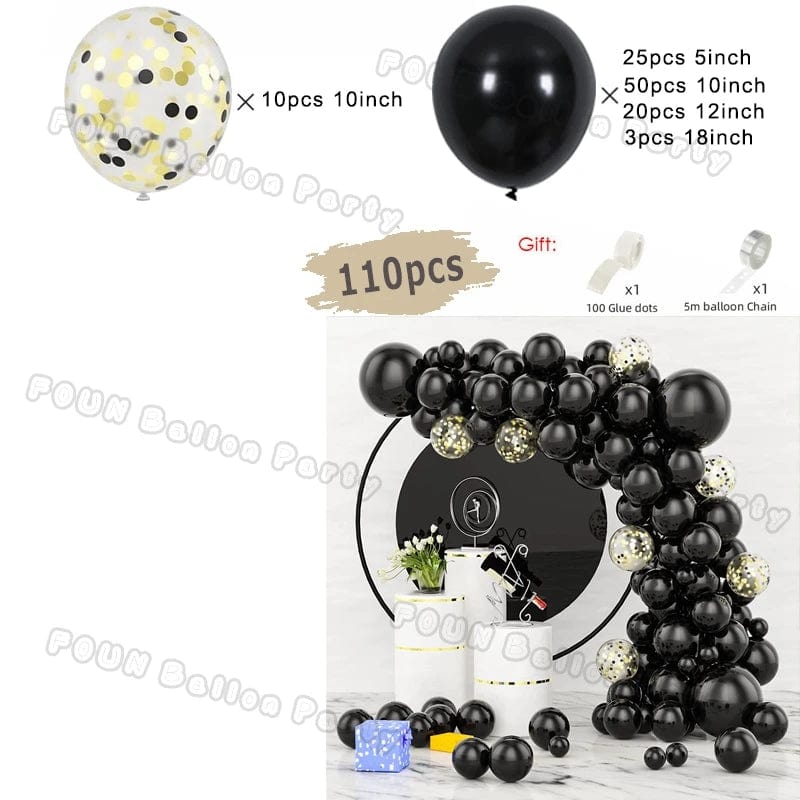 Showlu 97pcs black and gold balloon arch garland kit with chrome latex balloons, perfect for wedding, graduation, or birthday decorations.