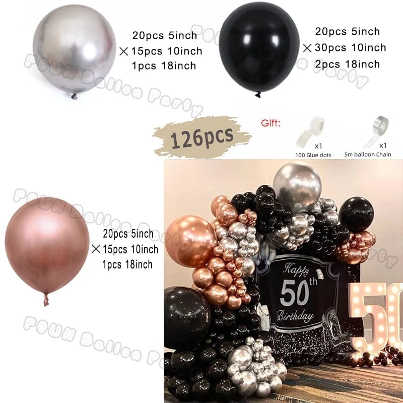 Showlu black and gold balloon arch garland kit with chrome latex balloons for wedding, graduation, birthday, or baby shower decor