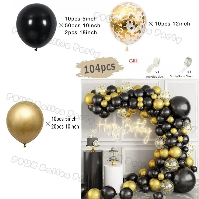 Showlu 97pcs black and gold balloon arch garland kit with chrome latex balloons for wedding, birthday, graduation, or baby shower decor