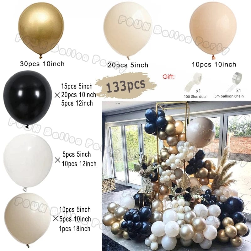 Showlu 97-piece black and gold balloon arch garland kit with chrome latex balloons, perfect for weddings, birthdays, and celebrations.