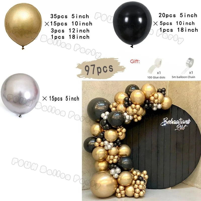 Showlu 97pcs black and gold balloon arch garland kit with chrome latex balloons for wedding, birthday, or celebration decor.