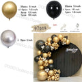 Showlu 97pcs black and gold balloon arch garland kit with chrome latex balloons for wedding, birthday, or celebration decor.