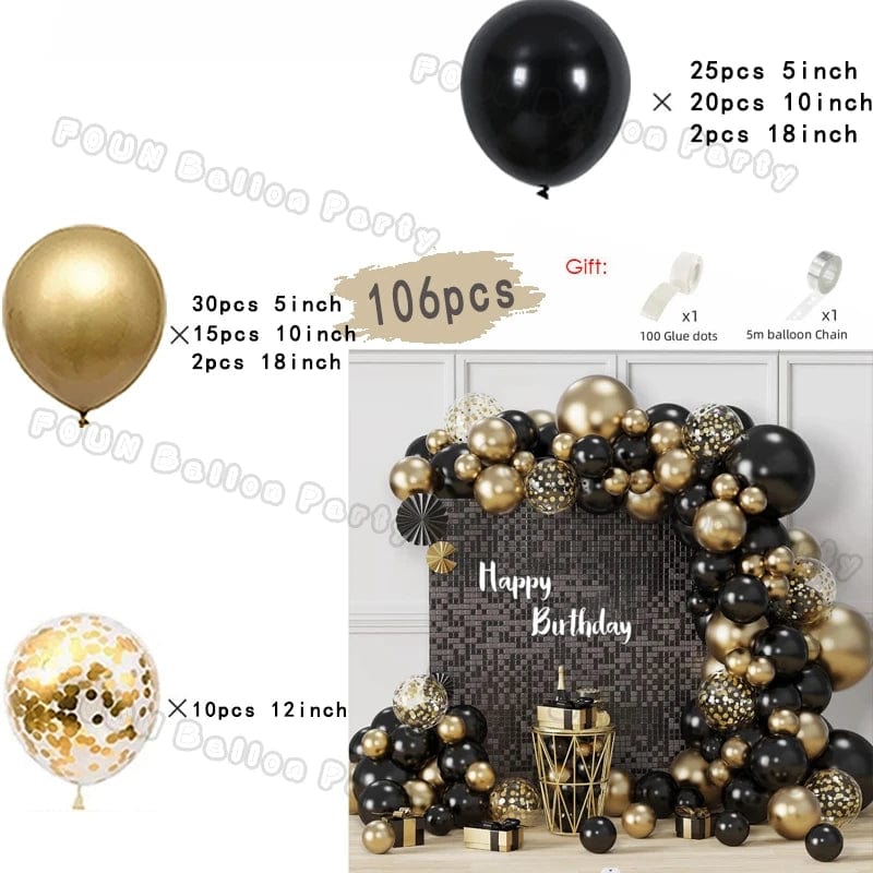 Showlu 97pcs black and gold balloon arch garland kit with chrome latex balloons, ideal for wedding, graduation, birthday, or baby shower decor.