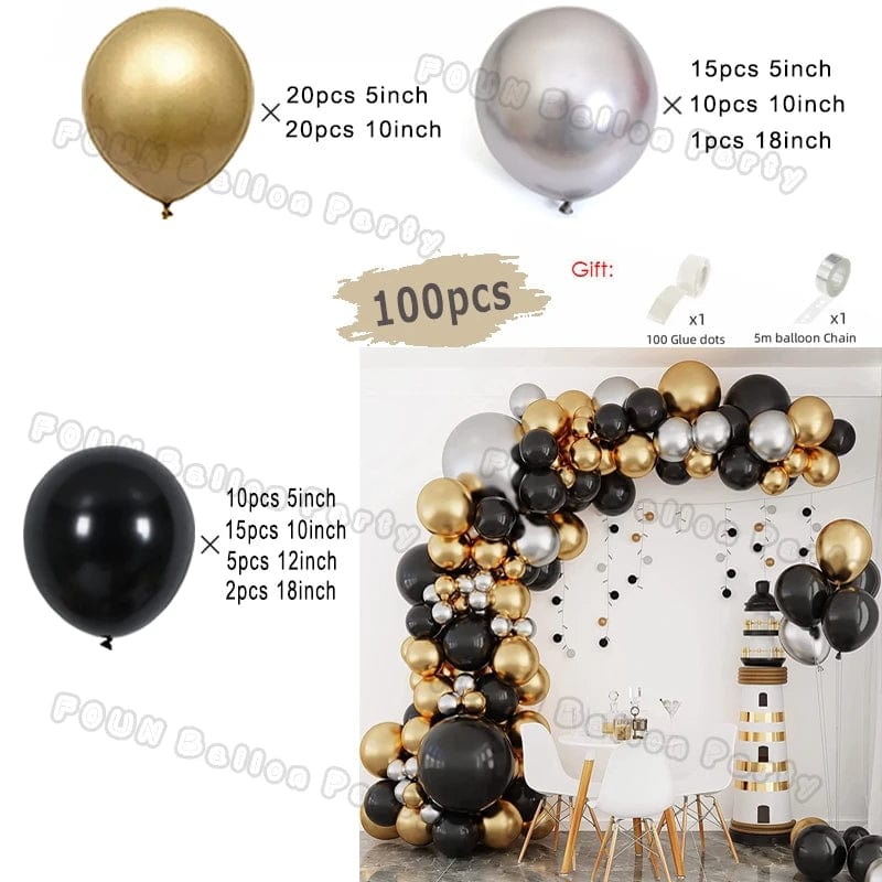 Showlu 97pcs black and gold balloon arch garland kit with chrome latex balloons for wedding, graduation, birthday, and baby shower decor.
