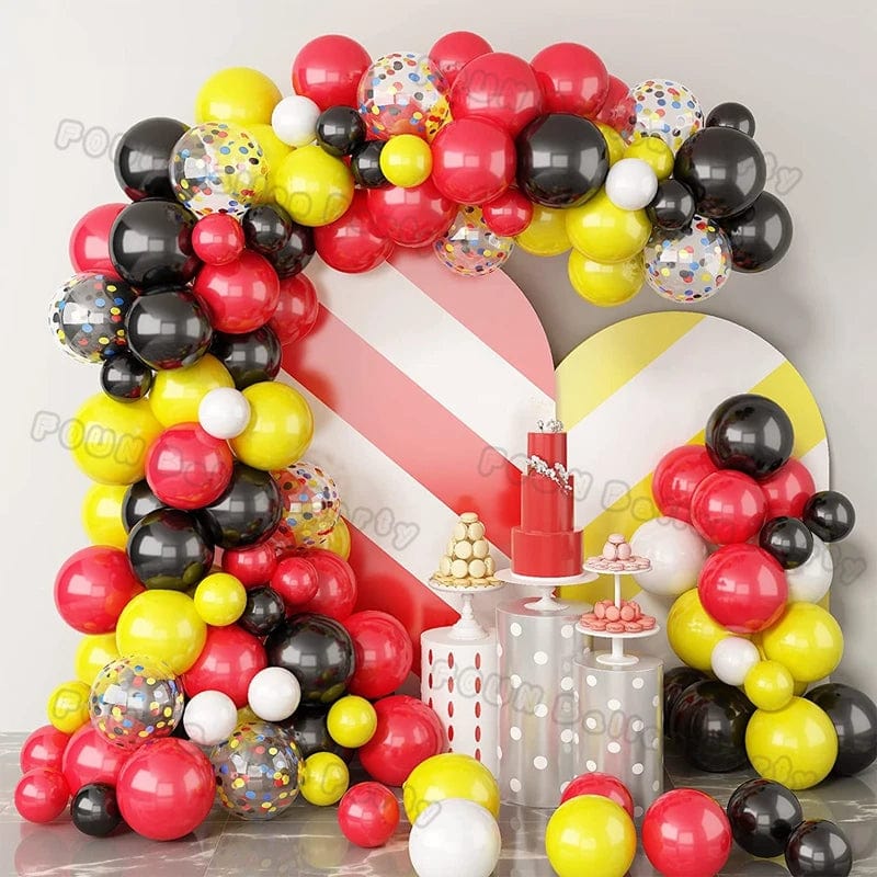 Showlu black and gold balloon arch garland kit with chrome latex balloons for wedding, birthday, or celebration decor.