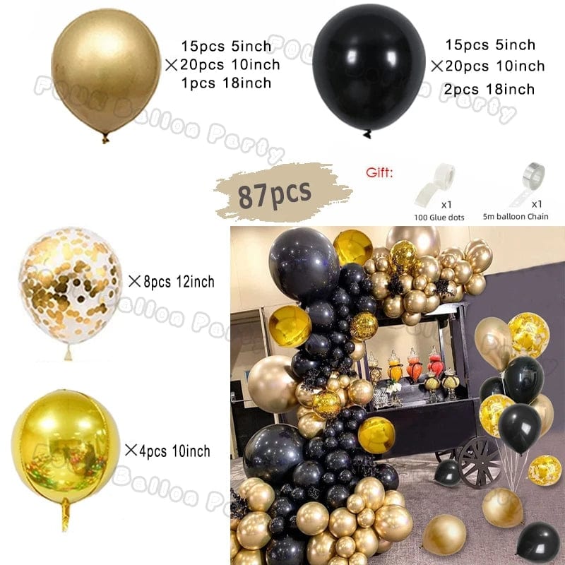 Showlu 97pcs black and gold balloon arch garland kit with chrome latex balloons for wedding, graduation, birthday, or baby shower decor