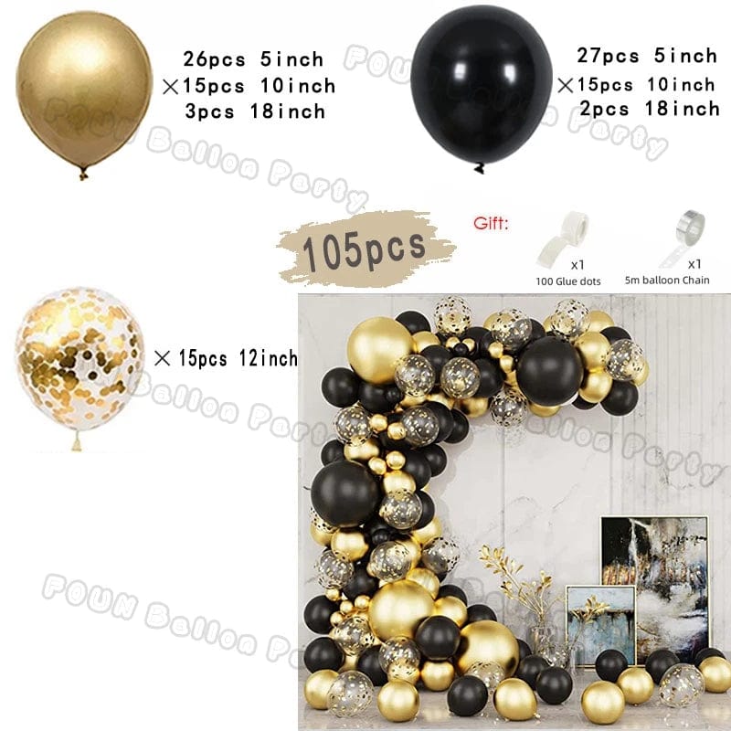 Black and gold balloon arch garland kit with chrome latex balloons, perfect for weddings, birthdays, graduations, and baby showers.