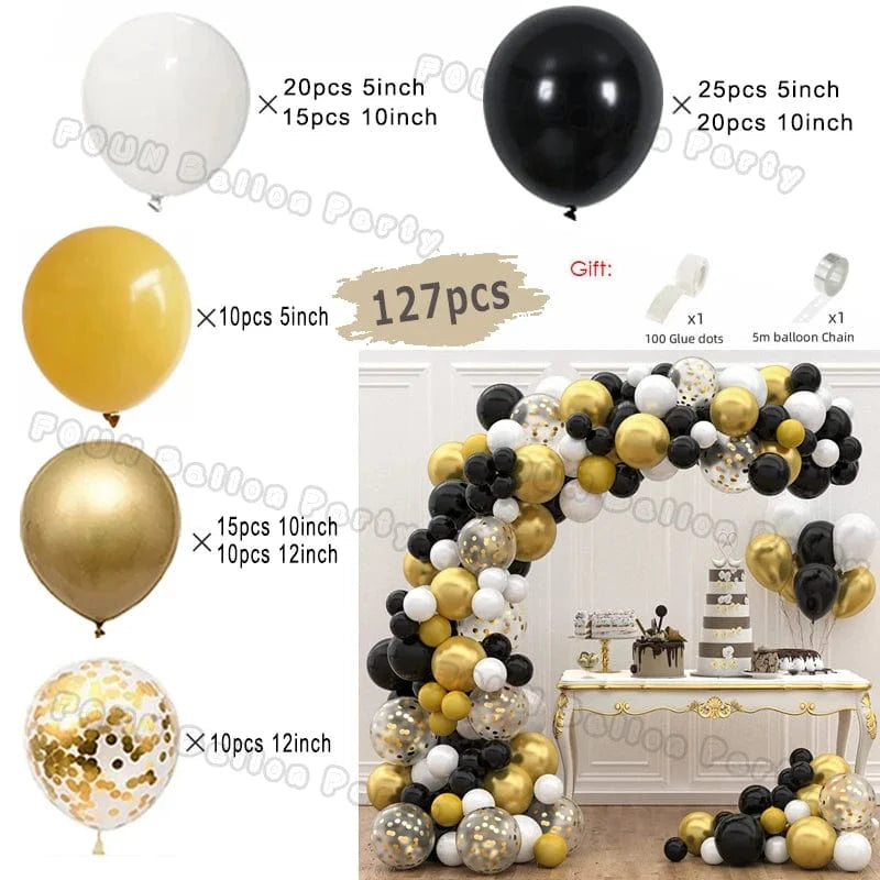 Showlu 97-piece black and gold balloon arch garland kit with chrome latex balloons for wedding, graduation, birthday, or baby shower decor.