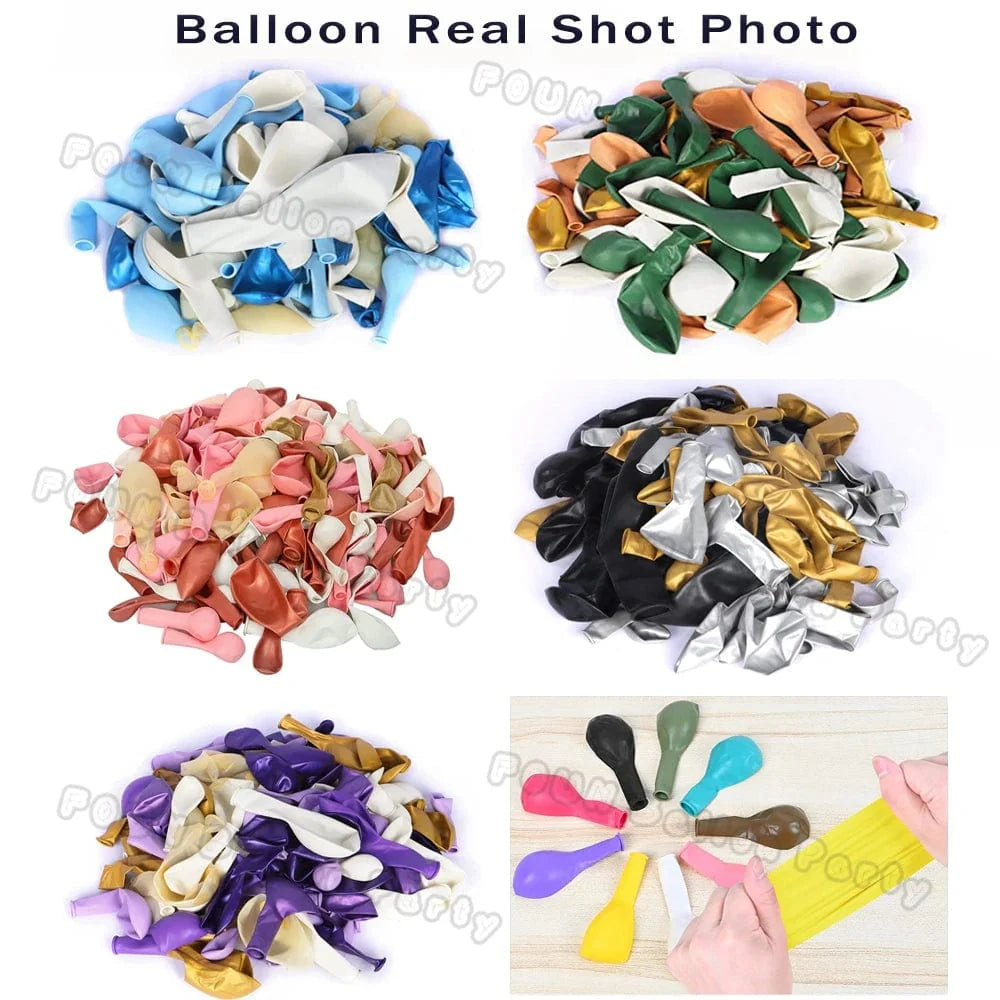 Showlu 97pcs black and gold balloon arch garland kit with chrome latex balloons, ideal for wedding, graduation, or birthday decorations.