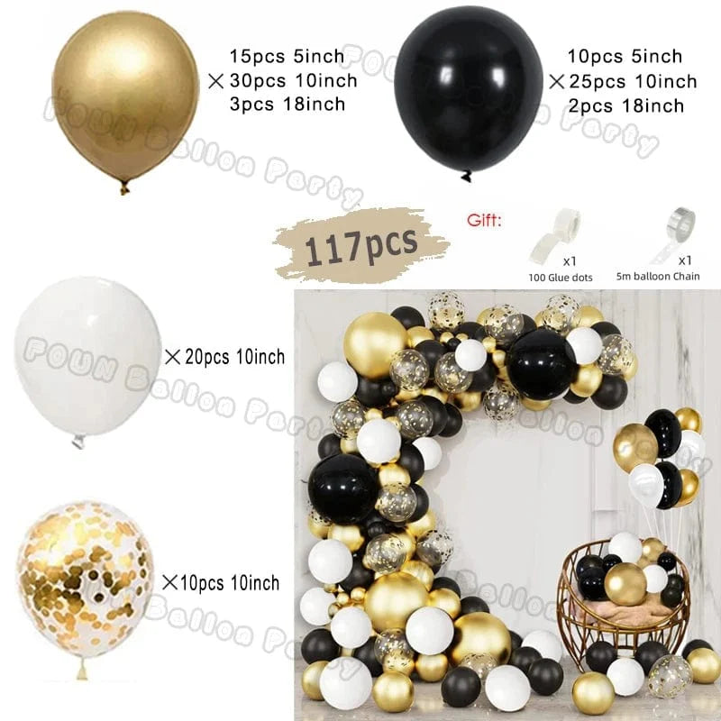 Showlu 97pcs black and gold balloon arch garland kit with chrome latex balloons, perfect for weddings, birthdays, and celebrations.
