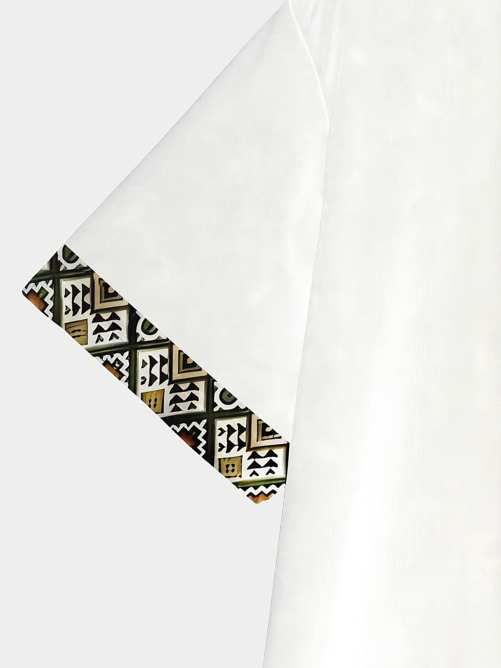 White SHOWLU Men's geometric print T-shirt with polyester fabric, regular fit, featuring bold geometric patterns on the front.