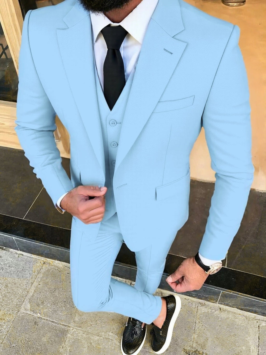 SHOWLU FASHION men's 3-piece formal wedding suit with solid woven tuxedo, includes jacket, vest, and trousers, tailored for elegance.
