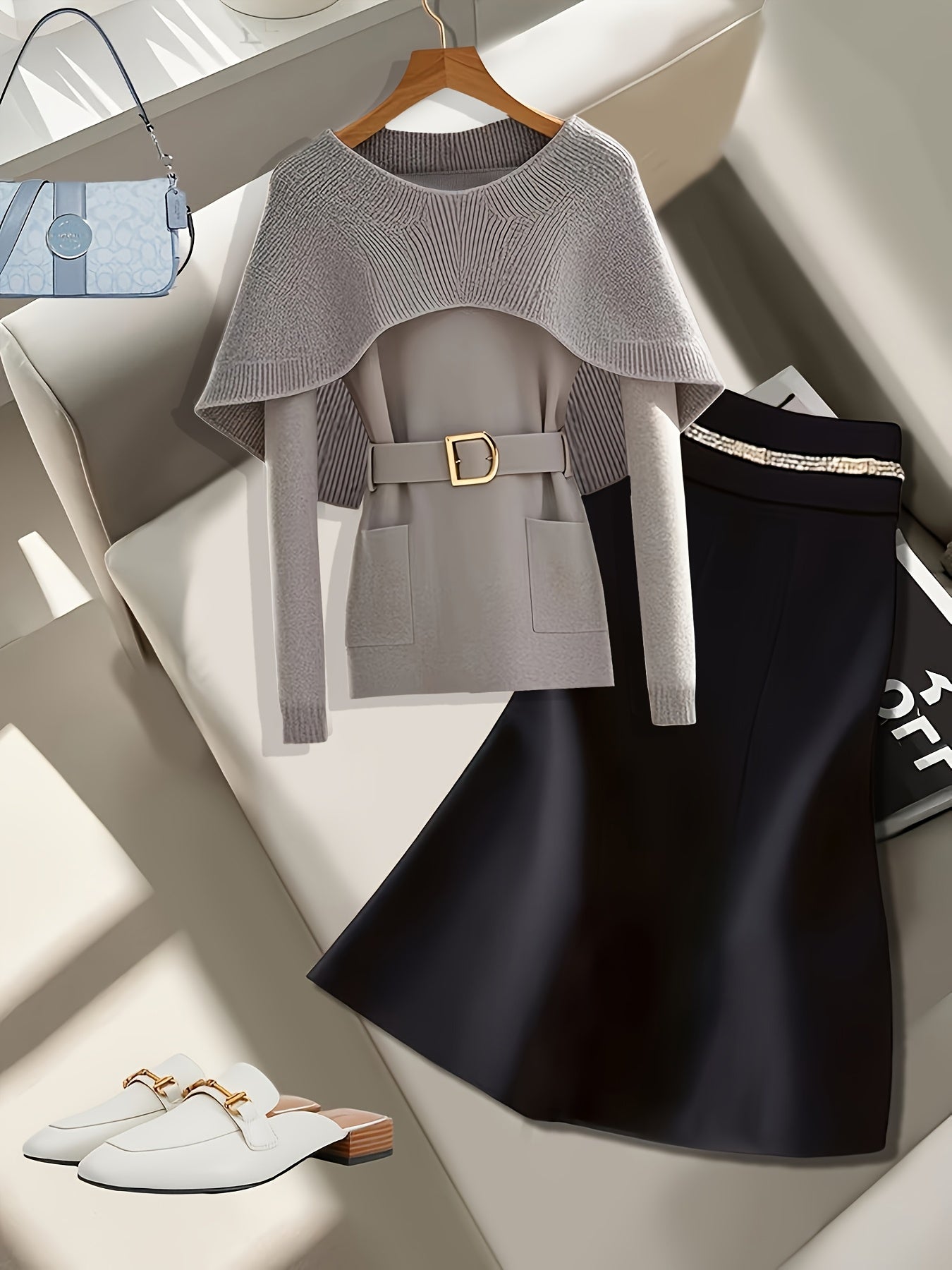 Grey knit cardigan with cape shawl and belt by SHOWLU FASHION STORE, featuring a cozy, stylish design and textured fabric.