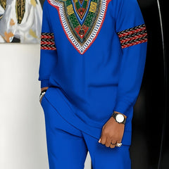 [African-Inspired Suit] Breathable Knit Polyester Men's African-Inspired Suit - White with Green, Red, Black Accents | Formal & Casual Events, Machine Washable, Round Neck Design, Comfortable Fit, PLUS SIZE, Business Party Ou