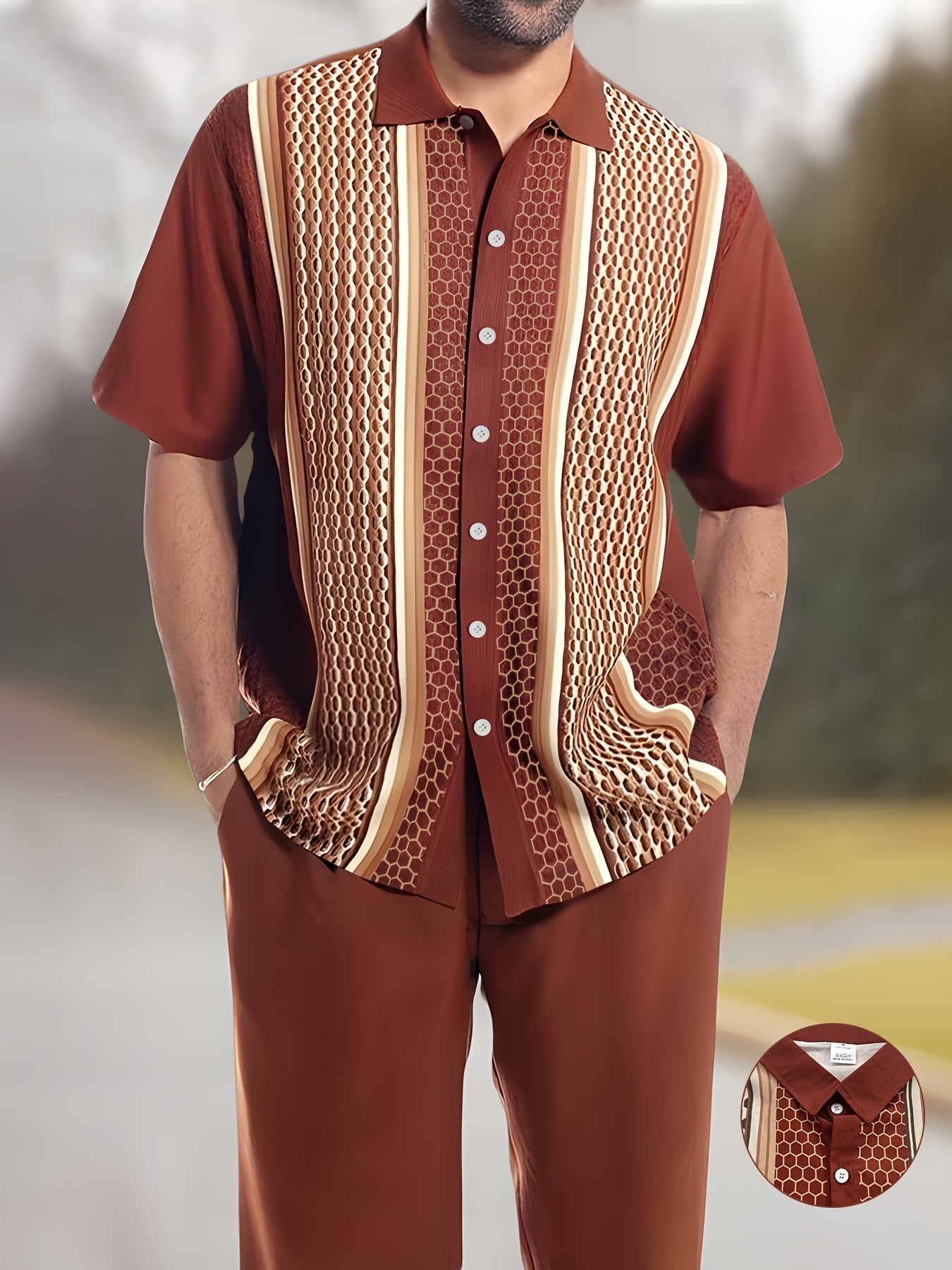 SHOWLU Men's geometric print retro outfit set featuring a loose casual style, suitable for modern streetwear fashion.