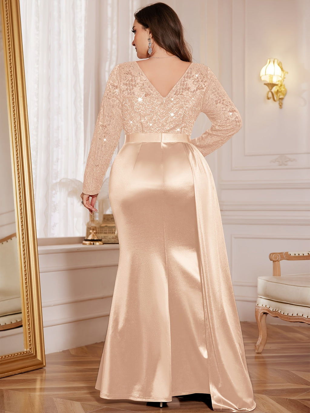 SHOWLU FASHION plus size mermaid gown with sequin lace, V-neck, and long sleeves, featuring a fitted silhouette and elegant design.